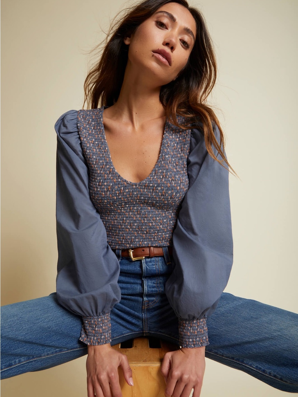 Nation LTD Della Smocked Top - Puff Sleeve Blouse NWT
